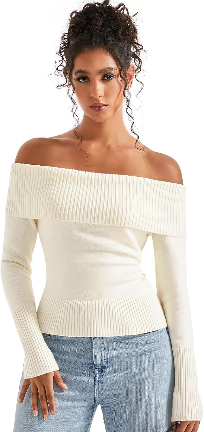 SUUKSESS Women Off Shoulder Sweaters Long Sleeve Ribbed Knit Fall Tops | Amazon (US)