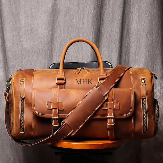 Personalized Mens Travel Bag, Full Grain Leather Duffel Bag, Monogrammed Duffle Bag, Weekend Lugg... | Etsy (US)