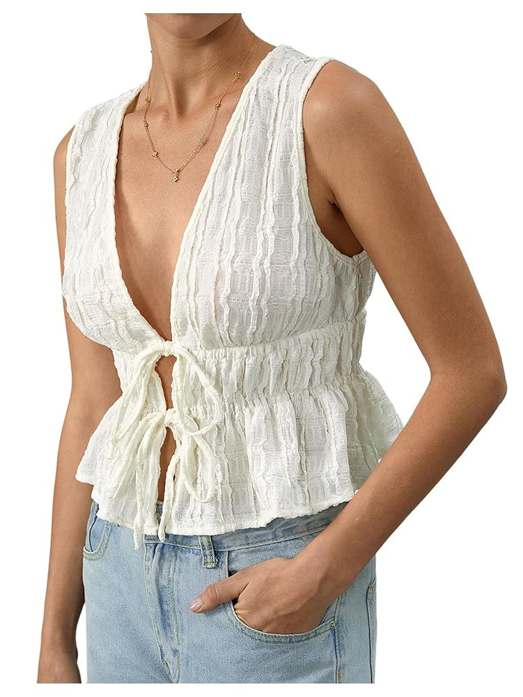 MakeMeChic Women's Tie Front Tank Top Sleeveless Ruffle Hem Crop Going Out Tops | Amazon (US)