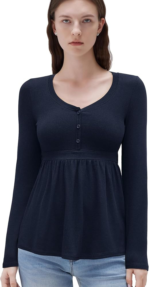 SUUKSESS Babydoll Tops for Women Tie Back Long Sleeve Henley Shirts Peplum Going Out Tops | Amazon (US)