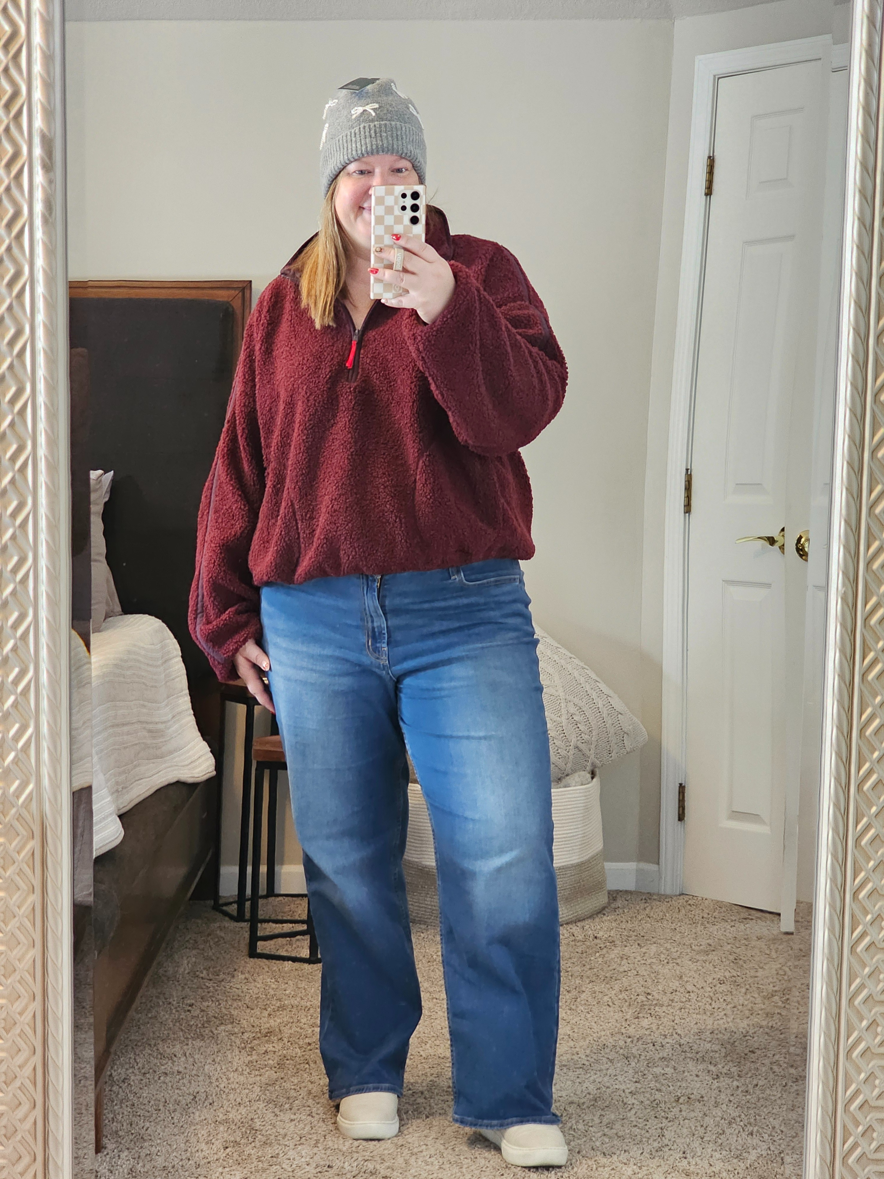 Cozy winter outfit.  Burgundy sherpa xxl.  Denim size 18.  

#LTKootd #LTKSaleAlert #LTKMidsize