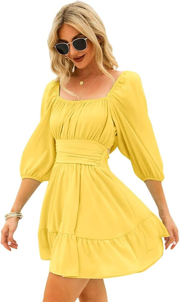 EXLURA Women's Lantern Sleeve Tie Back Dress Ruffled Off Shoulder A-Line Vintage Mini Dress | Amazon (US)