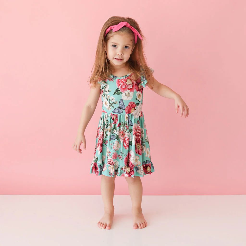 Floral Green Cap Sleeve Girl Twirl Dress | Nikki Danielle | Posh Peanut