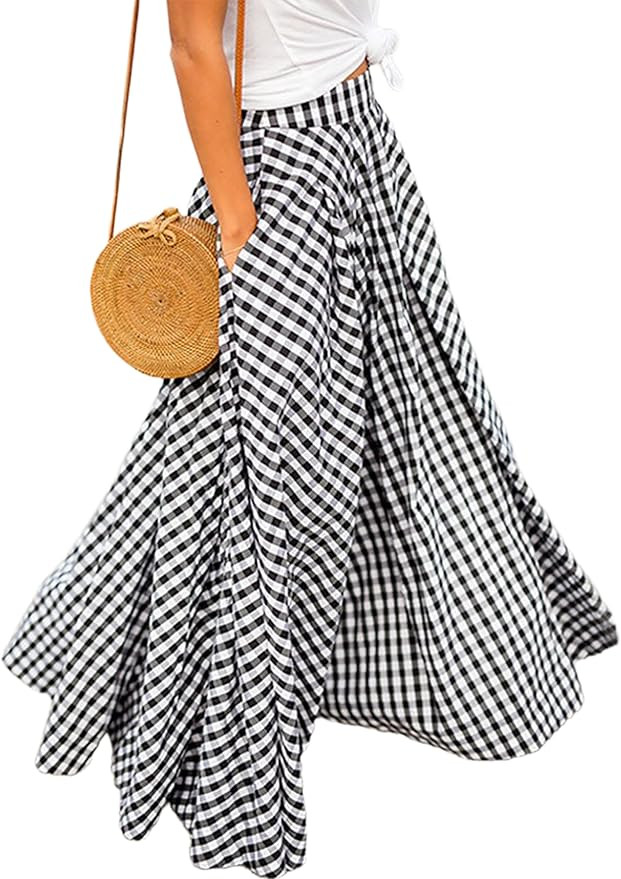 Mansy Women's Plaid Maxi Skirt- High Waist Gingham Skirt,Pleated Flared Summer Casual Swing Long ... | Amazon (US)