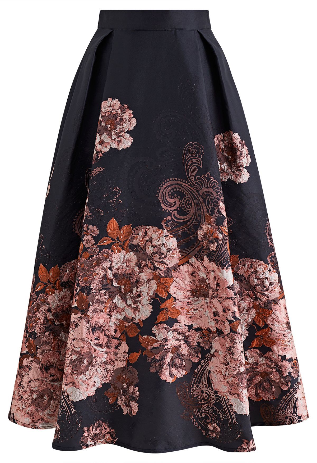 Bewitching Peony Jacquard Flare Skirt in Black | Chicwish