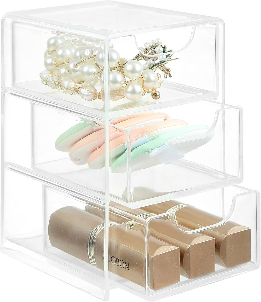 Mini Drawer Organizer with 3 Drawers – Clear Transparent Storage Box for Office Supplies, Makeu... | Amazon (US)