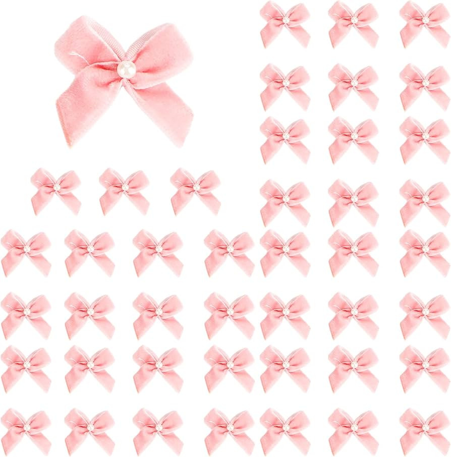 60pcs Mini Velevt Ribbon Bows 1 Inch with Pearl Ribbon Flowers Appliques DIY Craft for Sewing, Sc... | Amazon (US)