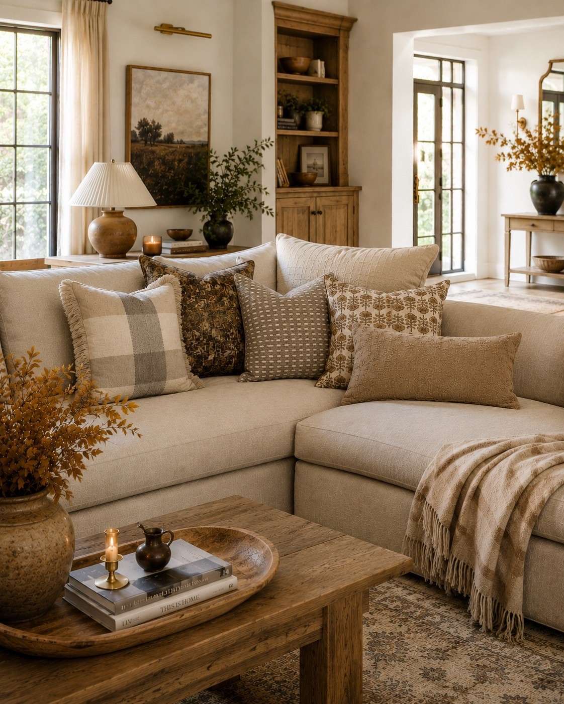 Here’s the second fall throw pillow combination from my latest curated shopping guide styled in a room, and this one is a really good example of how much pattern and texture you can layer while still keeping a space soft and neutral.

This is a 3D rendering showing how the pillows could look styled together on a larger sectional. I chose five that all work with one another, but I intentionally didn’t make them match too closely. The mix of plaid, smaller-scale prints, vintage-inspired pattern and texture is what keeps a neutral combination from falling flat, while the warm cream, taupe and brown tones tie everything back together.

You also don’t need a sectional—or all five pillows—to use the combination. Pick two or three for a smaller sofa, use one with a solid pillow on a chair, or layer the full set if you have more space to fill. They were curated so you can choose what works for your home without having to figure out which pillows will coordinate.

I carried those same warmer tones into the rest of the room with natural wood, amber branches, candlelight and cozy textiles. Nothing is particularly “fall” on its own, but together it gives the whole room that warmer, cozier feeling I love this time of year without relying on overly seasonal decor.

The exact pillows from this combination are all linked below. 🤎

#LTKHome #LTKSeasonal