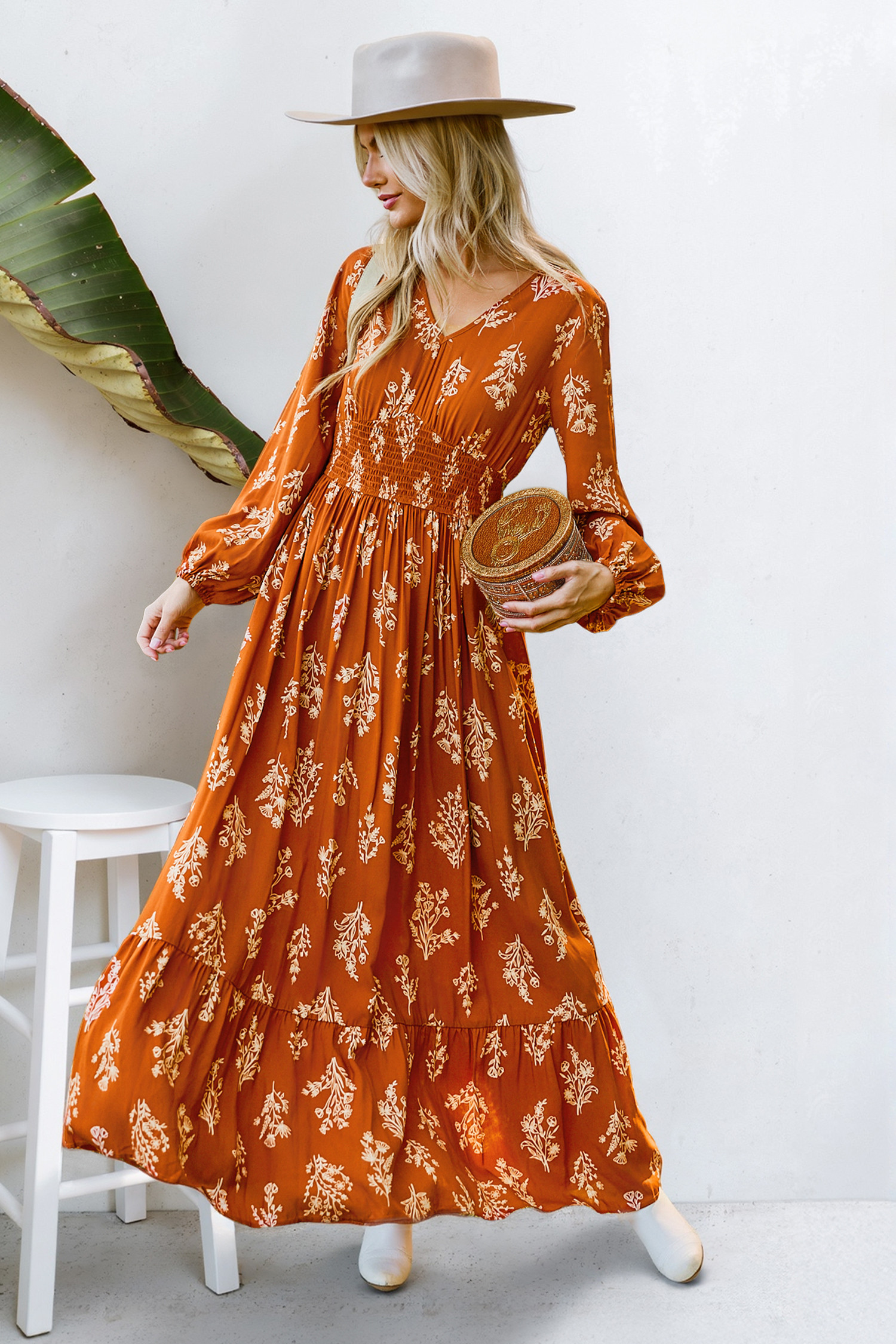 Burnt Orange Floral Blouson Sleeve Smocked Waist Maxi Dress | Cupshe US