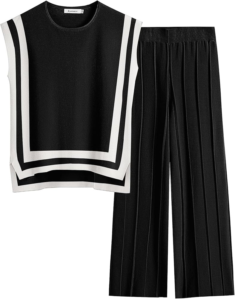 ANRABESS Women 2 Piece Outfits Casual Summer Sleeveless Tops Knit Pants Sweater Lounge Matching S... | Amazon (US)