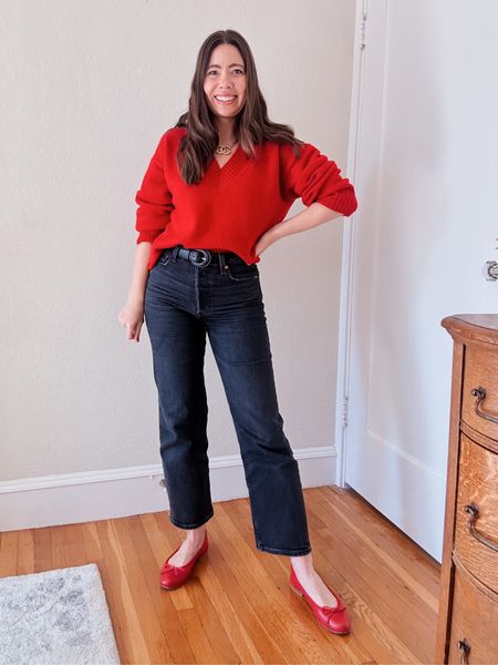 Red sweater outfit with grey jeans and red ballet flats. Vintage Chanel necklace and Ferragamo belt for sale on my website. 

Red sweater. Red outfit. Holiday casual look. Red and red  

#LTKstyletip #LTKSeasonal #LTKparties