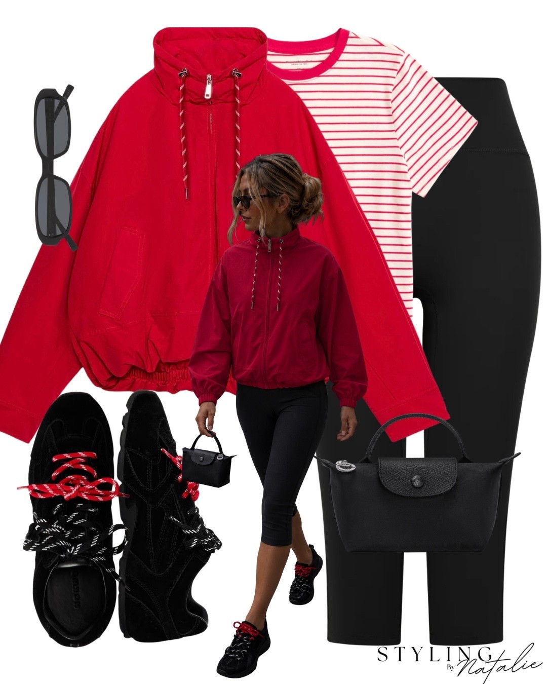Red funnel neck windbreaker jacket with stripe strings, stripe red t-shirt, black capri leggings, Longchamp Le Pilage mini crossbody bag, Nokwal double lace trainers.
Autumn outfit, fall, Zara, everyday, sporty chic

#LTKautumn #LTKeurope #LTKFashionMonth