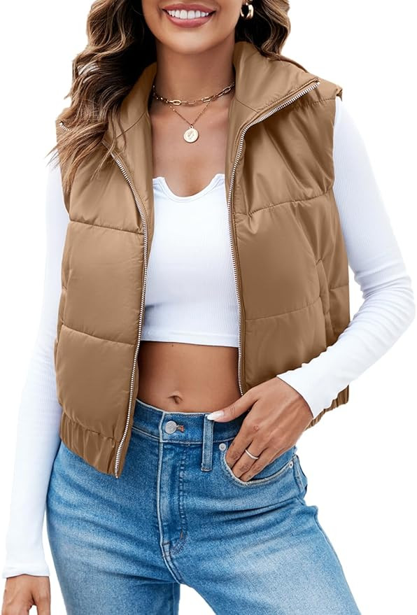 Fisoew Womens Faux Leather Puffer Vest High Stand Collar Zip Up Sleeveless Winter Cropped Jacket ... | Amazon (US)
