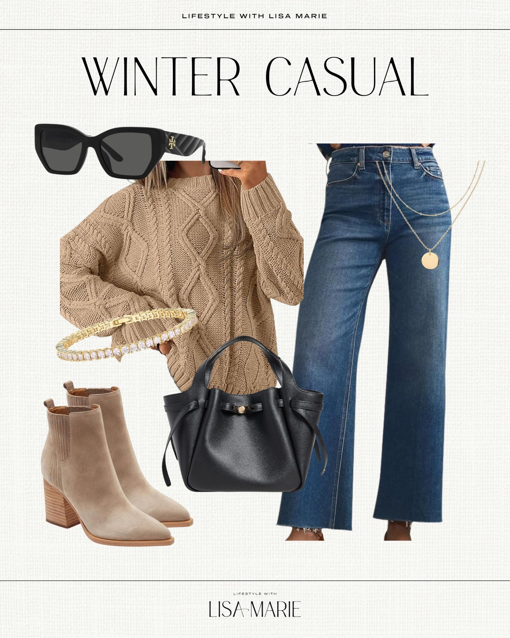 Winter casual outfit inspiration! Workwear. Date night. Girls brunch. Cable sweater. Wide leg denim. Suede booties. Tory Burch it bag! 

#LTKGiftGuide #LTKSeasonal #LTKootd