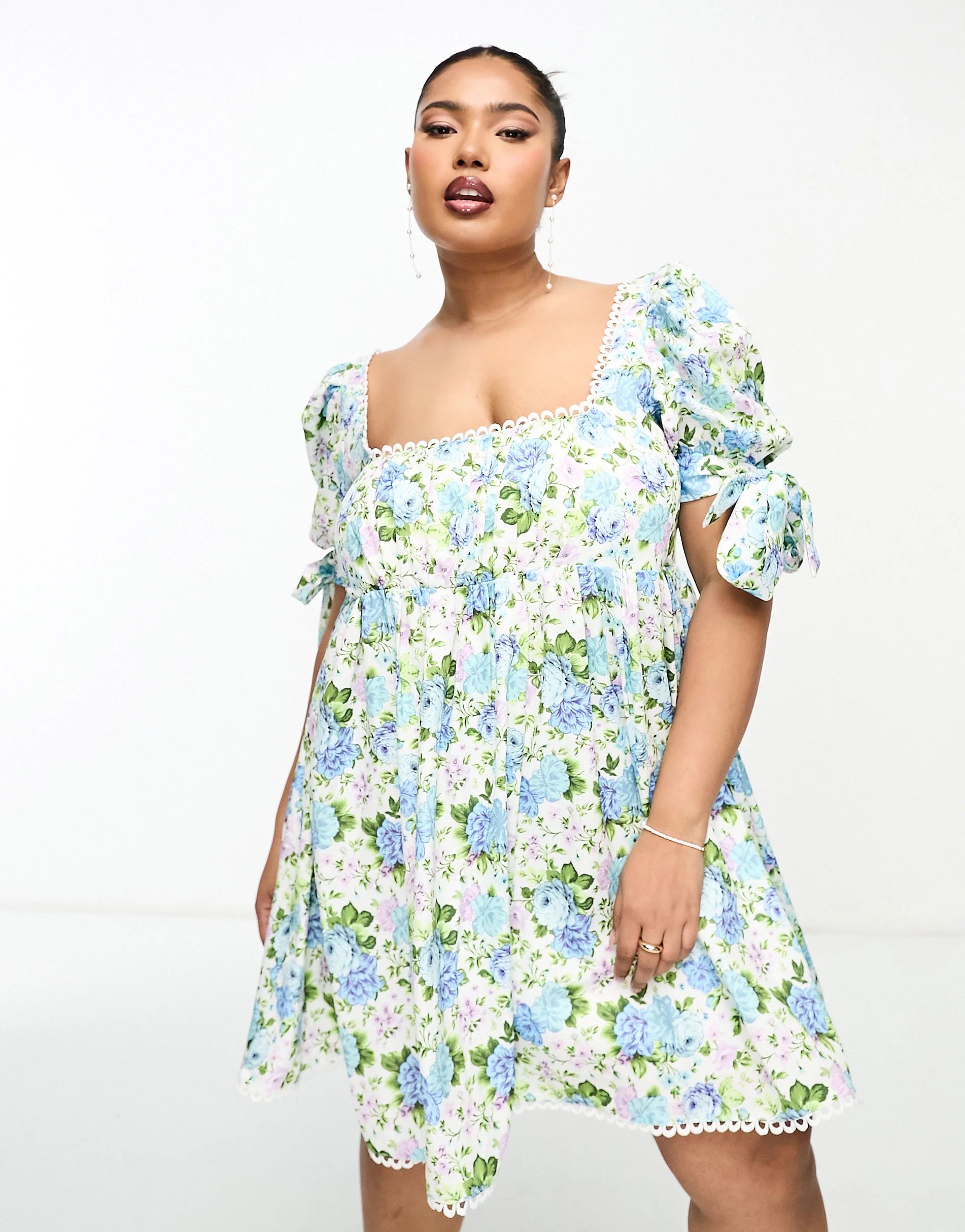 The Frolic Plus edge detail puff sleeve mini dress in vintage bloom floral | ASOS (Global)