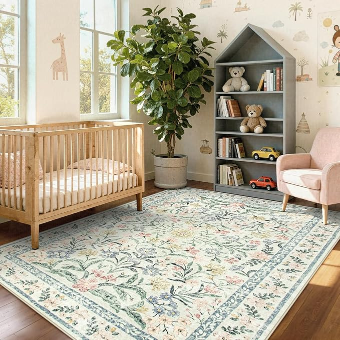 Wonnitar Boho Floral Washable Rugs 5x7, Soft Area Rugs for Bedroom, Ultra-Thin Non Slip Beige Are... | Amazon (US)