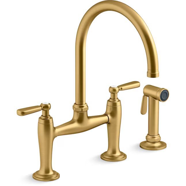 KOHLER Edalyn by Studio McGee Vibrant Brushed Moderne Brass Double Handle Bridge Kitchen Faucet w... | Lowe's