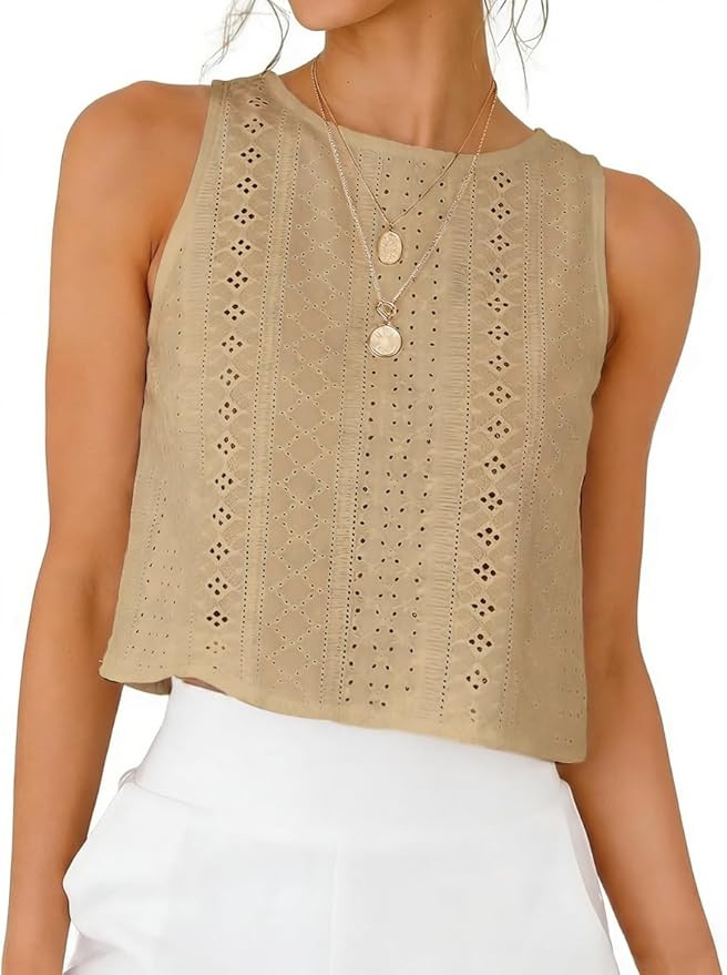 IDEALSANXUN Eyelet Tank Tops for Women Spring Summer Cute Cropped Sleeveless Shirts Blouses | Amazon (US)