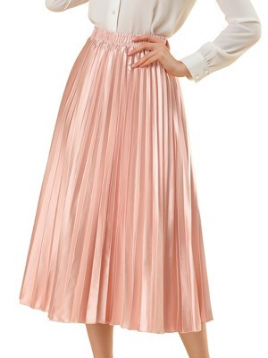 INSPIRE CHIC Women's Party Elastic Waist Metallic Shiny Accordion Pleated Midi Skirt Small Pink | Target