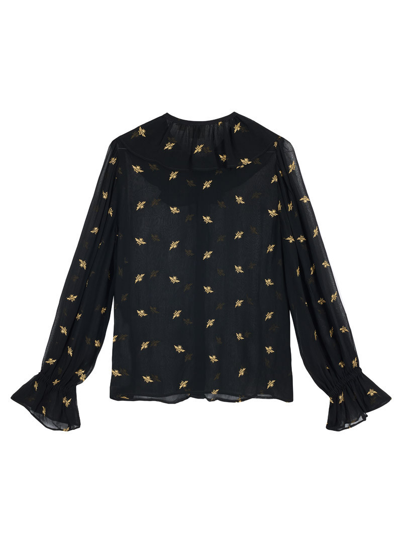 Meera Bee Flounce Collar Sheer Embroidered Blouse | Joanie