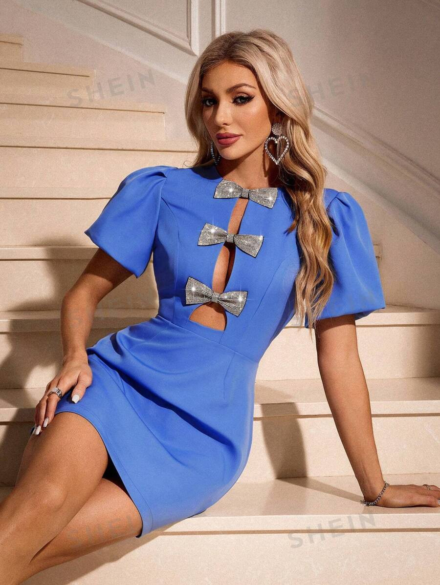 SHEIN Rosie Solid Color Round Neck Hollow Out Elegant Short Sleeve Dress With Bowknot, Summer | SHEIN