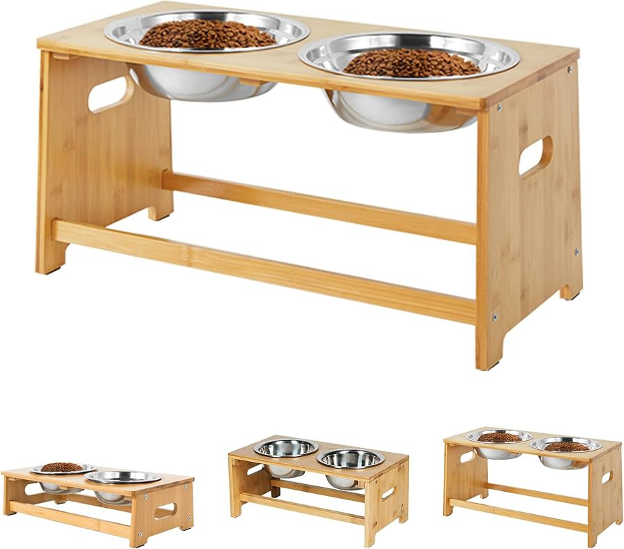 HYNAWIN Bamboo Elevated Dog Cat Bowls for Large Dogs Raised Dog Bowl Stand with 2 Stainless Steel... | Amazon (US)