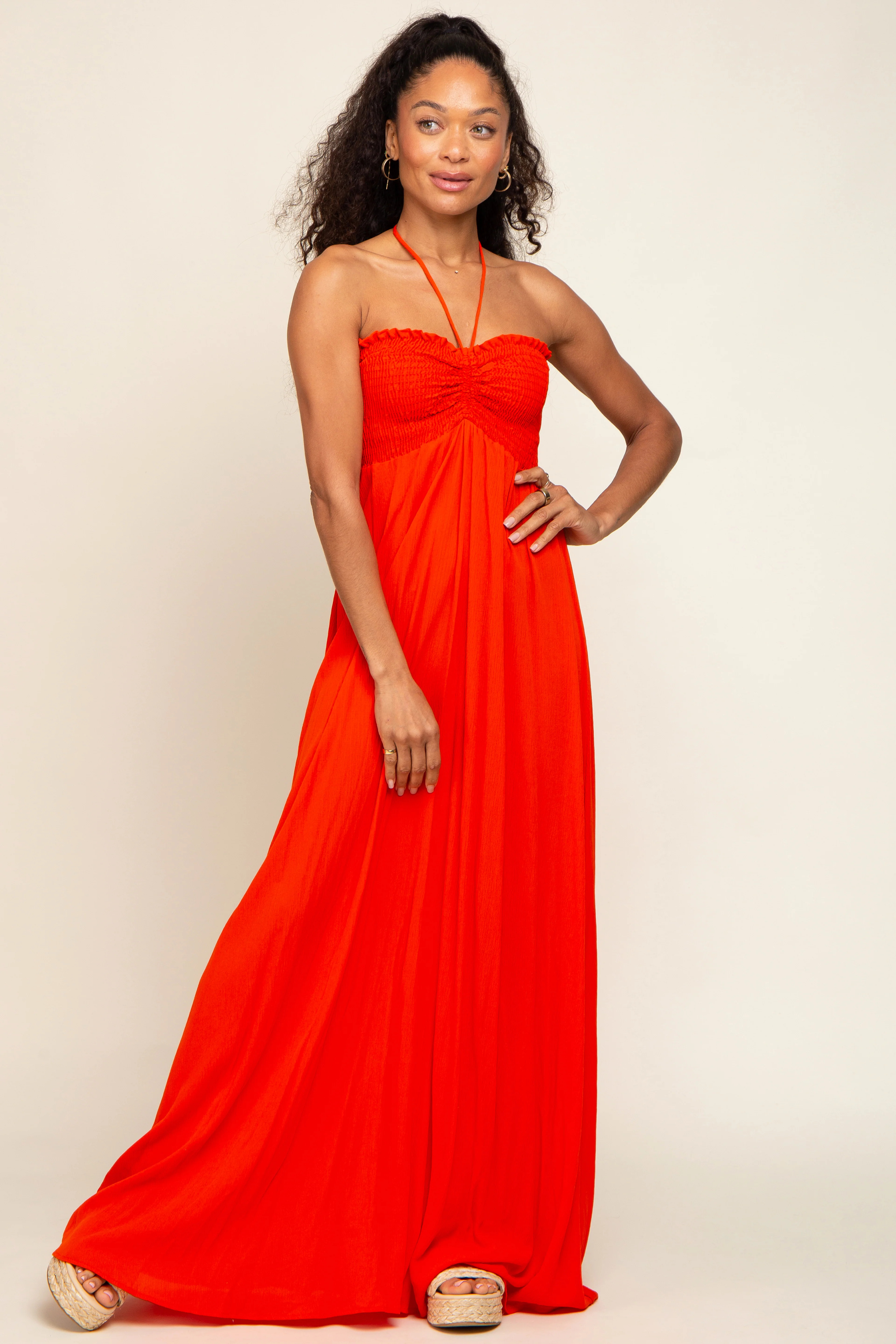 Orange Smocked Halter Maxi Dress | PinkBlush Maternity