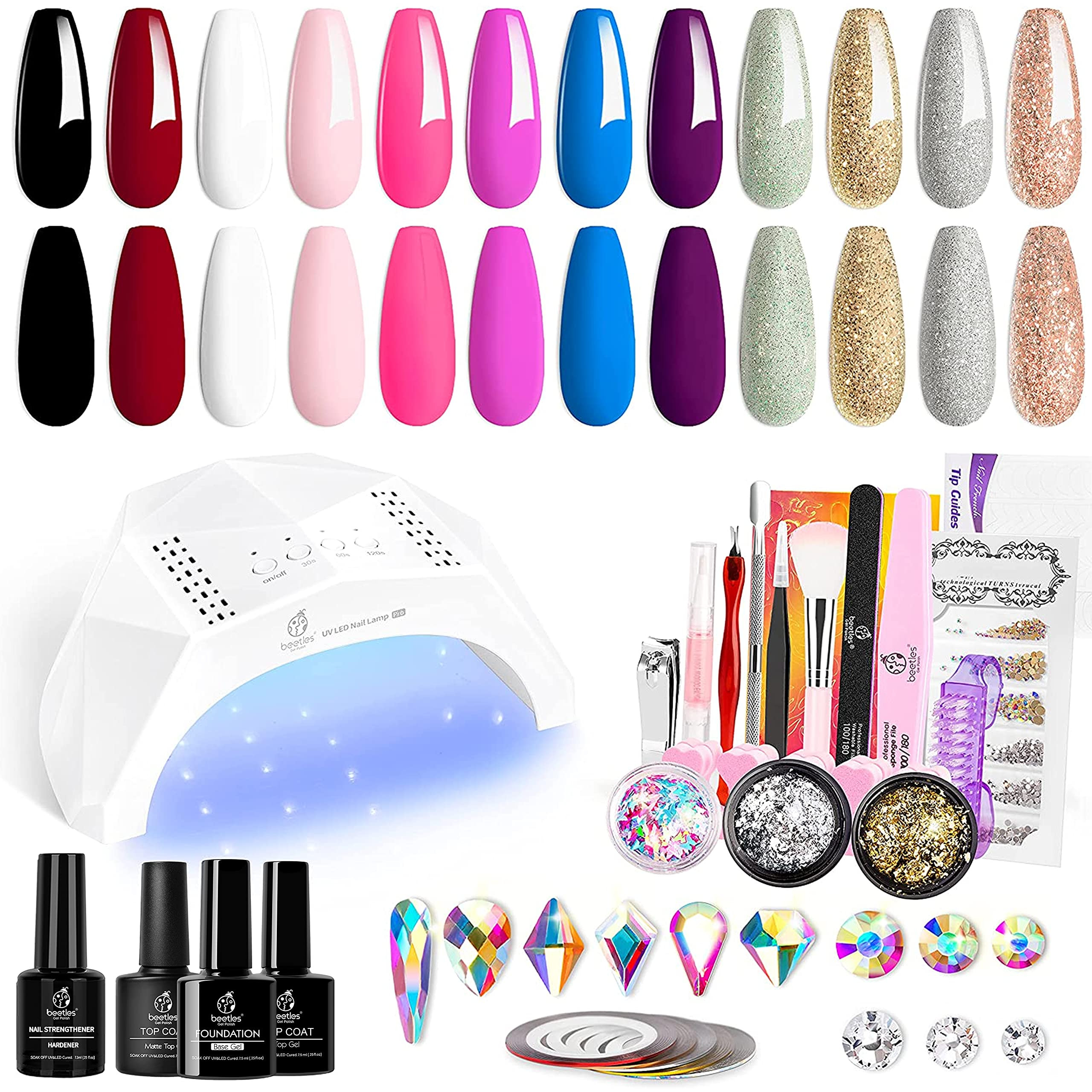 Beetles 12 Colors Gel Nail Polish Starter Kit with U V Light 48W LED Nail Lamp Gel Base Top Coat Cur | Amazon (US)