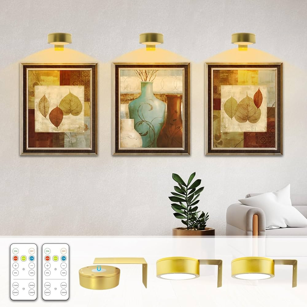 Battery Picture Light 3Pack Gold,Wireless Painting Light with Remote,3 Lighting&Dimmable,Wall Art... | Amazon (US)