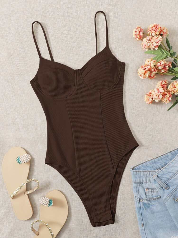 SHEIN Solid Bustier Rib-knit Bodysuit | SHEIN