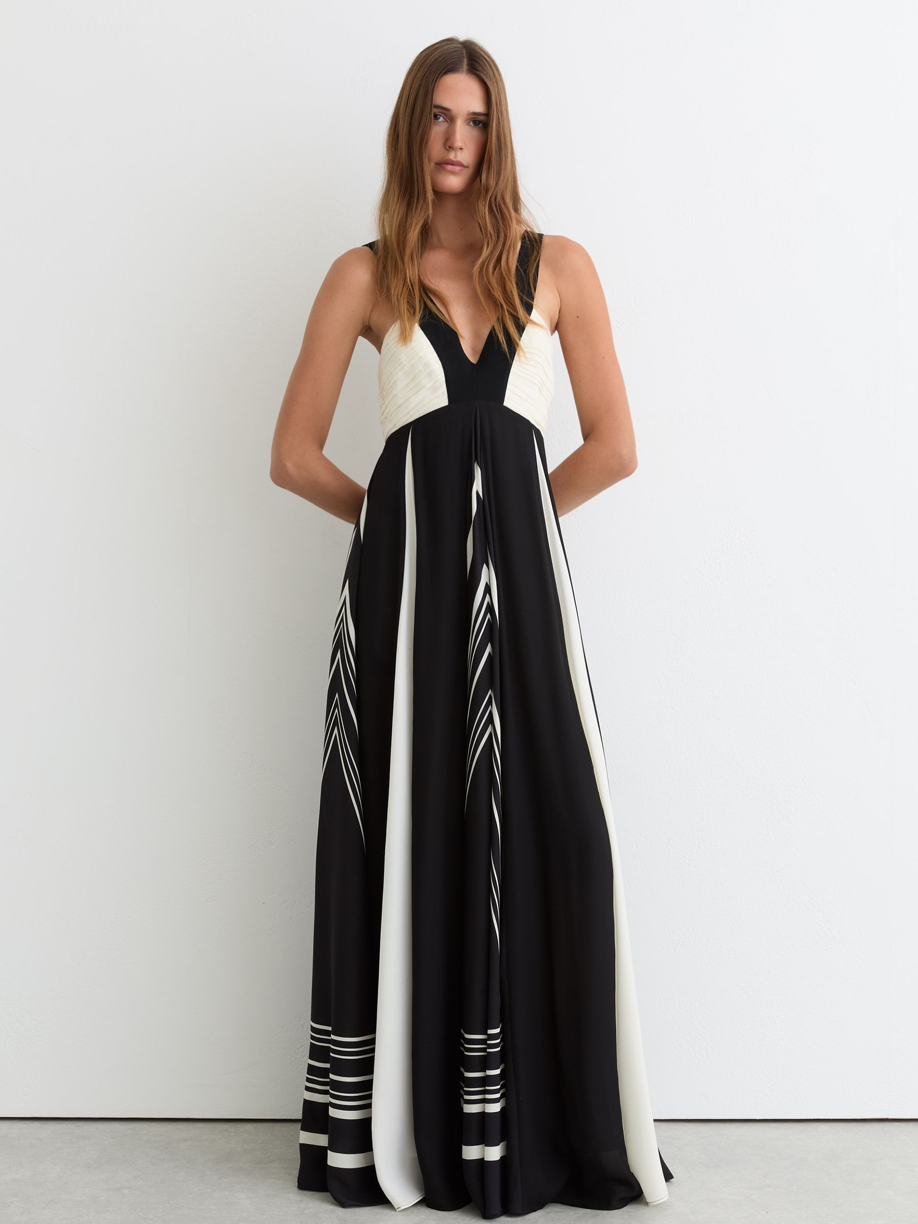 Reiss Empire-Line Printed Maxi Dress in Black/Ivory | REISS | Reiss US