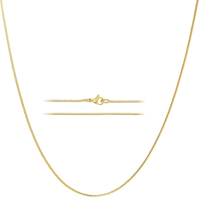 KISPER 24k Gold Over Stainless Steel 1.2mm Thin Box Chain Necklace | Amazon (US)