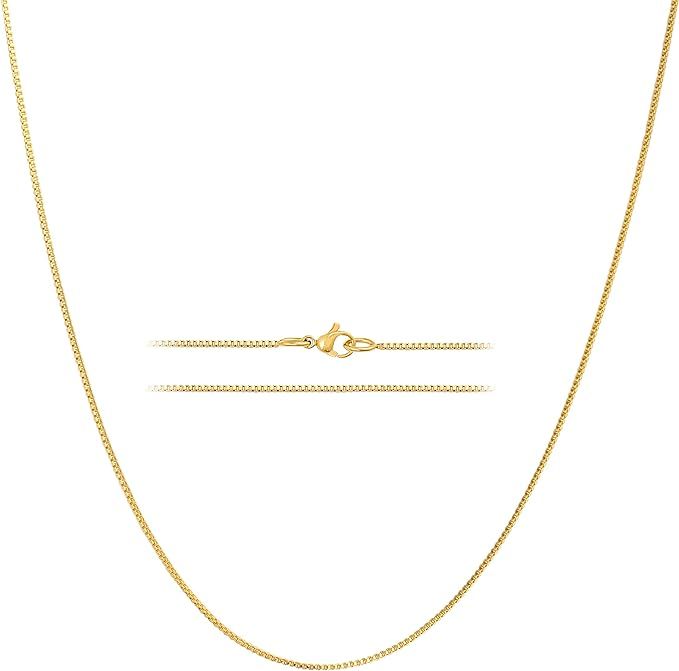 KISPER 24k Gold Over Stainless Steel 1.2mm Thin Box Chain Necklace | Amazon (US)