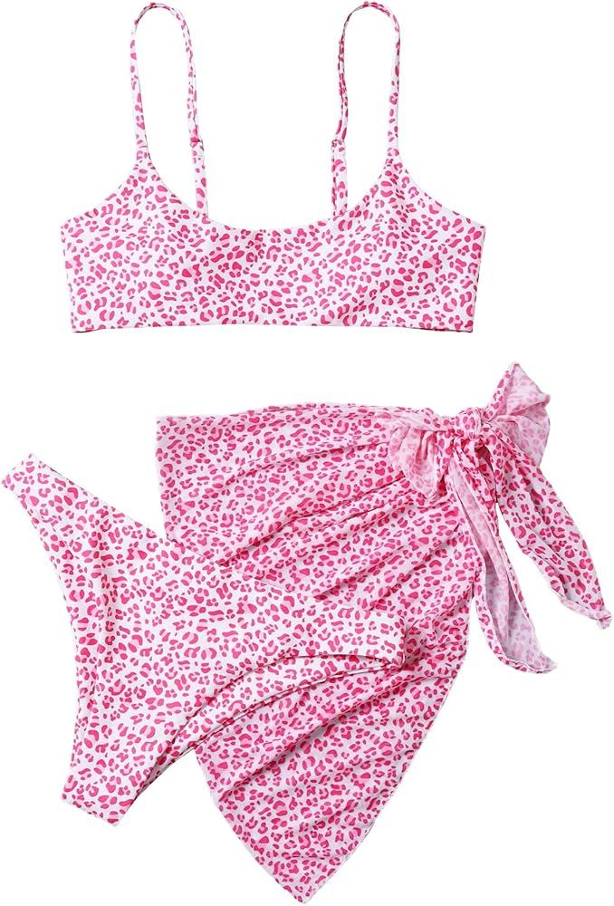 SheIn Women's 3 Piece Leopard Wireless Bikini Set Swimsuit and Cover Up Beach Skirt | Amazon (US)