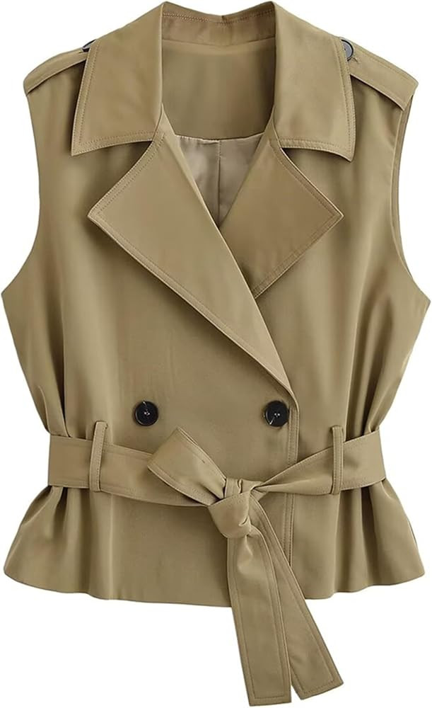 Dqbeng Womens Trench Vest Sleeveless Double Breasted Belted Lightweight Jacket | Amazon (US)