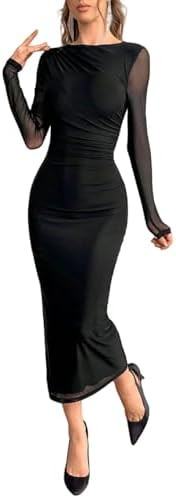 LIGHT DOT Women's Bodycon Maxi Dress Long Sleeve Solid Mesh Layered | Amazon (US)