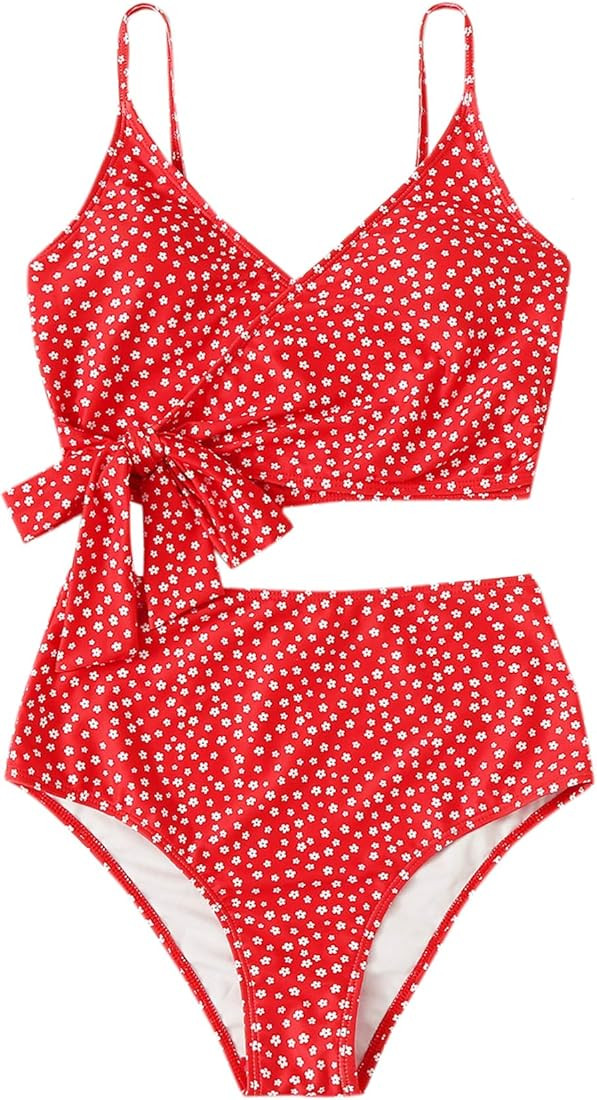 SweatyRocks Women's Two Pieces Swimsuit Solid Color Tie Side Top High Waisted Bikini Set | Amazon (US)