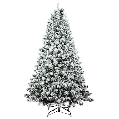 Maylaviu 6ft Snow Flocked Christmas Tree, Unlit Artificial Holiday Christmas Pine Tree, Hinged Xmas Tree with Pine Cone, Full Appearance Snowy w/Easy Assembly, Metal Stand | Amazon (US)