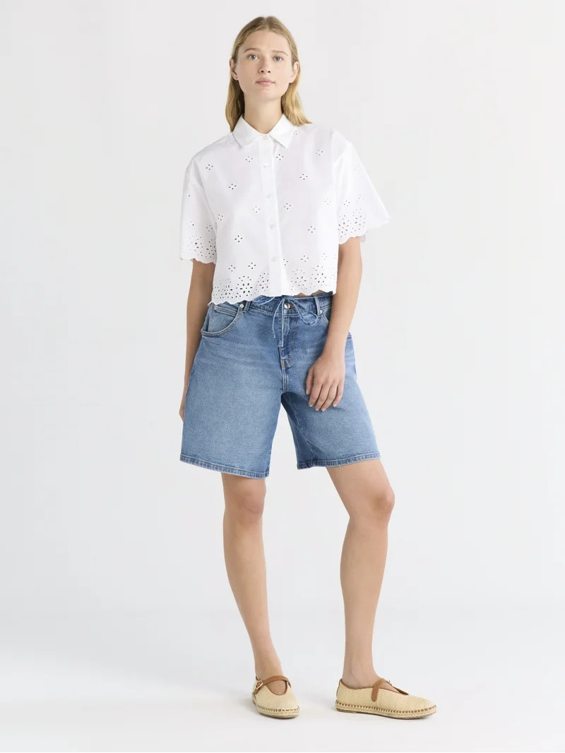 Free Assembly Women's and Women's Plus Cropped Cotton Eyelet Shirt, Sizes XS-4X | Walmart (US)
