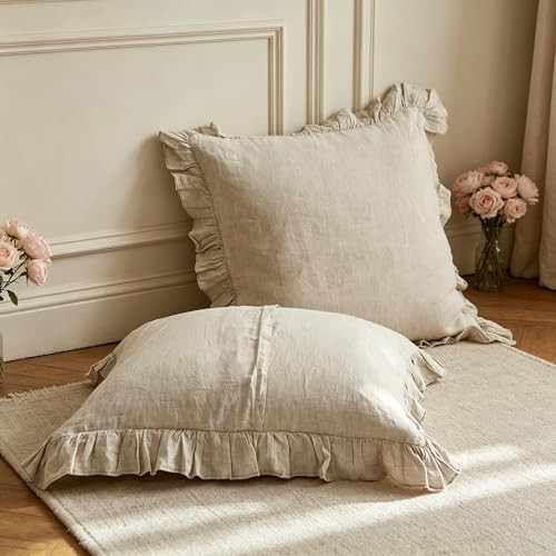 Simple&Opulence 100% Linen Euro Shams 26x26 Set of 2, Vintage Ruffle Soft Breathable Flax Pillow Sham, Solid Farmhouse French Cottage Style Covers Elegant Decorative for Home Decor,Linen | Amazon (CA)
