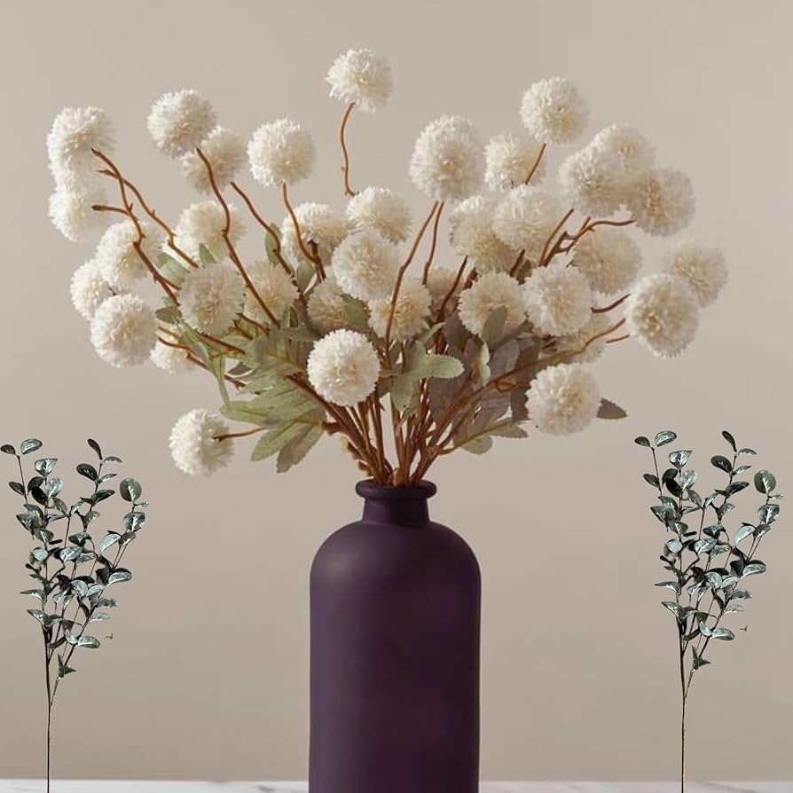 Faux Kiku Flower White - 10 Stems & Eucalyptus Stems 2 Branches, Fake Small Mini Chrysanthemum Fl... | Amazon (US)