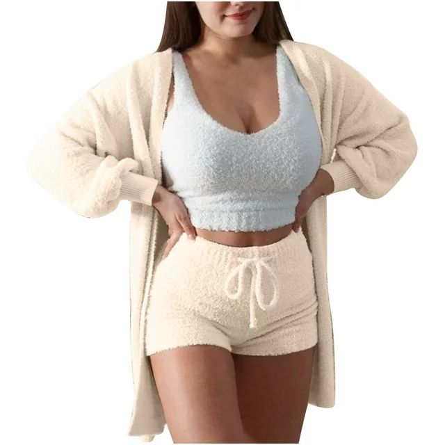 BLVB Womens Plush 3 Piece Outfits Fleece Warm Hooded Cardigans Jacket Crop Top and Shorts Set Paj... | Walmart (US)