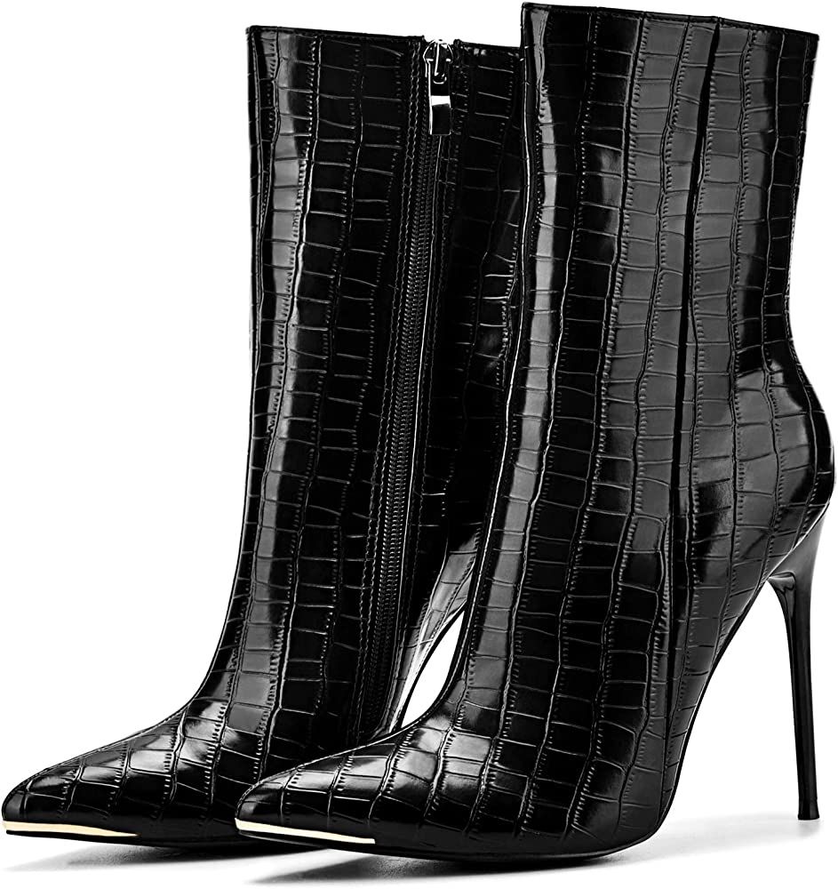 Women's Patent Leather PU Stiletto Booties Side Zipper Pointed Toe Mid Calf Ankle Boots Sexy Fash... | Amazon (US)