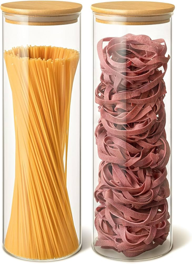 Pasta Containers Storage Jars 67oz - 2 Food Glass Jars with Bamboo Lids - Airtight Glass Spaghett... | Amazon (US)