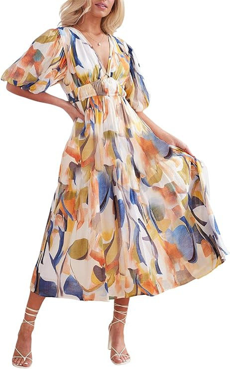 Sissyaki Women's Boho Floral Midi Dress Smocked Beach Flowy Dress | Amazon (US)