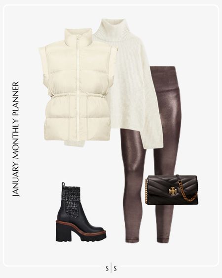 Monthly outfit planner: JANUARY: Winter looks | puffer vest, white sweater, metallic legging, platform lug boot, crossbody

See the entire calendar on thesarahstories.com ✨ 

#LTKstyletip