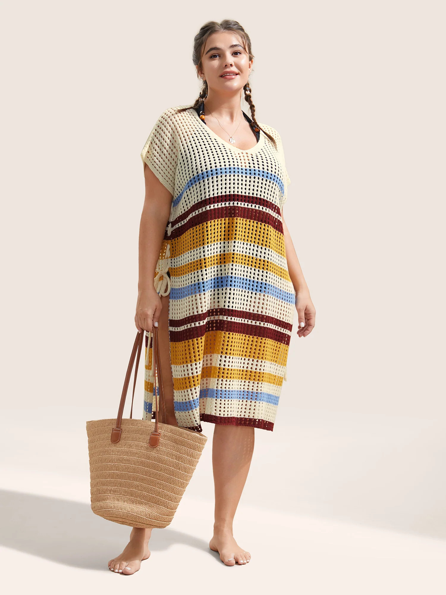 Contrast Hollow Out Ties Batwing Sleeve Cover Up | Bloomchic