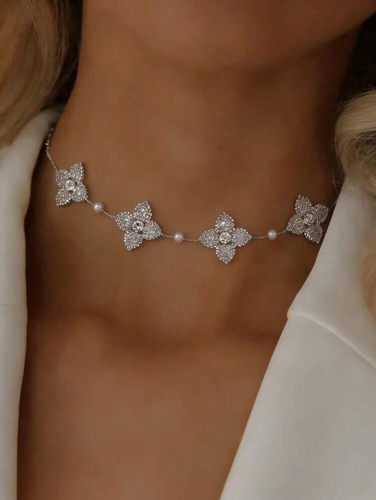 1 Pieza Collar Con Colgante De Flor De Cristal De Color Plateado, Collar De Cadena Delicada Con Perla Cultivada, Joyería De Uso Diario Como Regalo Para Mujeres | SHEIN