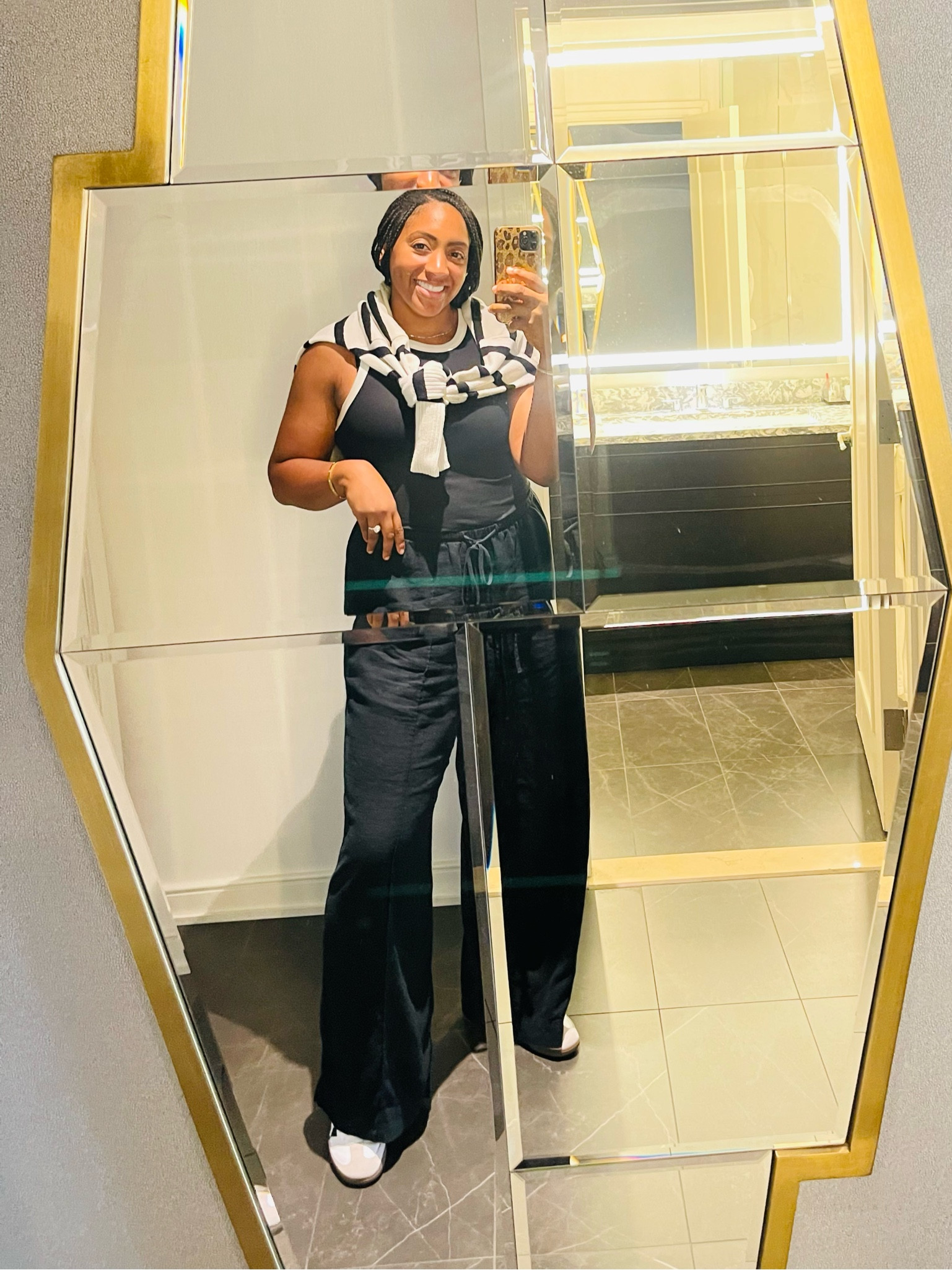 Comfortable travel outfit and perfect for mom on the go. I love these long linen pants paired with a simple ribbed tank and a black and white stripped sweater. It’s also perfect for transitioning into fall.

#LTKActive #LTKStyleTip #LTKTravel