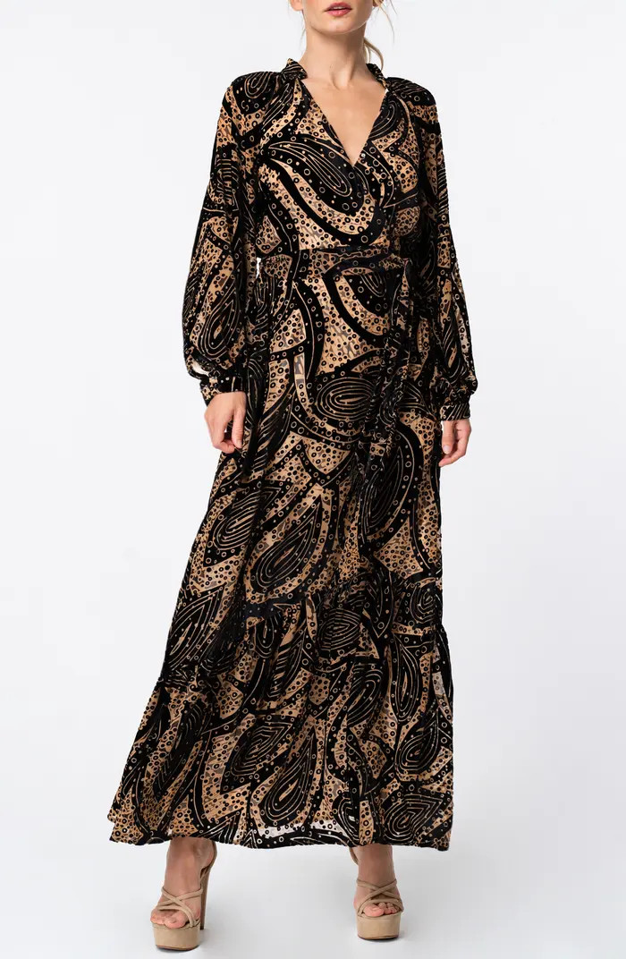 CIEBON Aria Tie Belt Long Sleeve Burnout Faux Wrap Velvet Dress | Nordstrom | Nordstrom